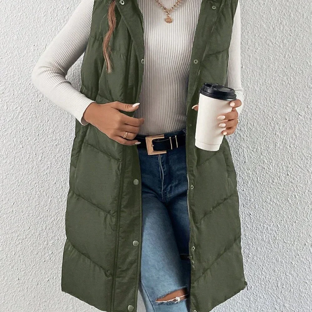 Army Green Casual Women's Zip Up Slant Pocket Sleeveless Hooded Padded Coat - Picture 4 of 4